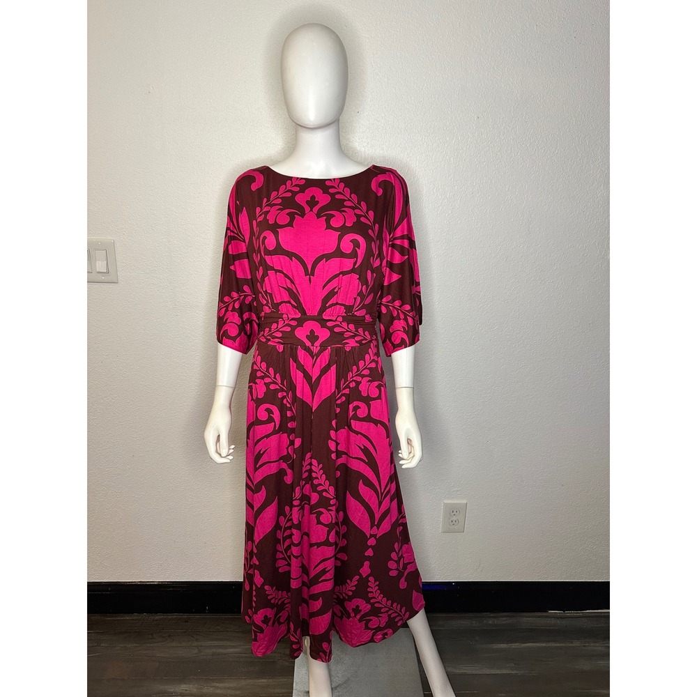 Boden Pink Brown Damask Floral Jersey Midi Dress V-Back